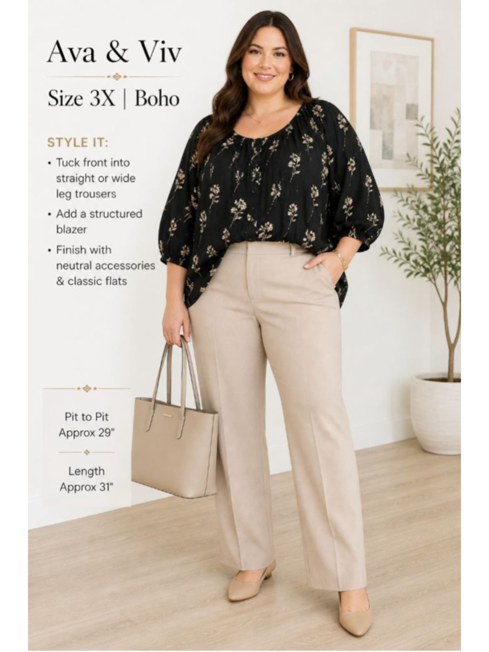Ava & Viv 3X Black Floral Boho Blouse Plus Size Flowy Top Lightweight Tunic - Picture 2 of 8
